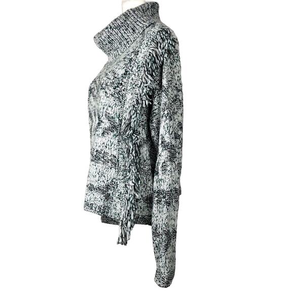 Lucky Brand Sweater Women's Medium Green Black White Cowl Neck Aztec Fringe Wool - Picture 4 of 8